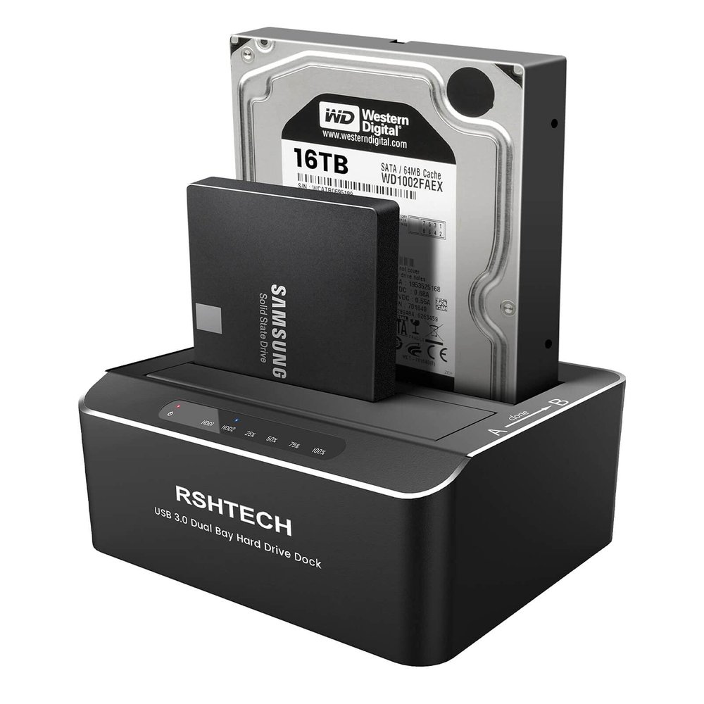 Hard Drive Dock, RSHTECH Aluminum USB 3.0 to SATA Dual Bay External Hard Drive Docking Station for 2.5 & 3.5 inch SATA HDD SSD with Offline Clone/Duplicator Function, Support UASP & 2x16TB (RSH-DS01)