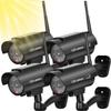 BNT Solar Powered Fake Security Camera, Bullet Dummy Security Camera Simulated Surveillance System with Realistic Red Flashing Light Sensor and Warning Sticker for Indoor/Outdoor(4Pack, Black) view 1