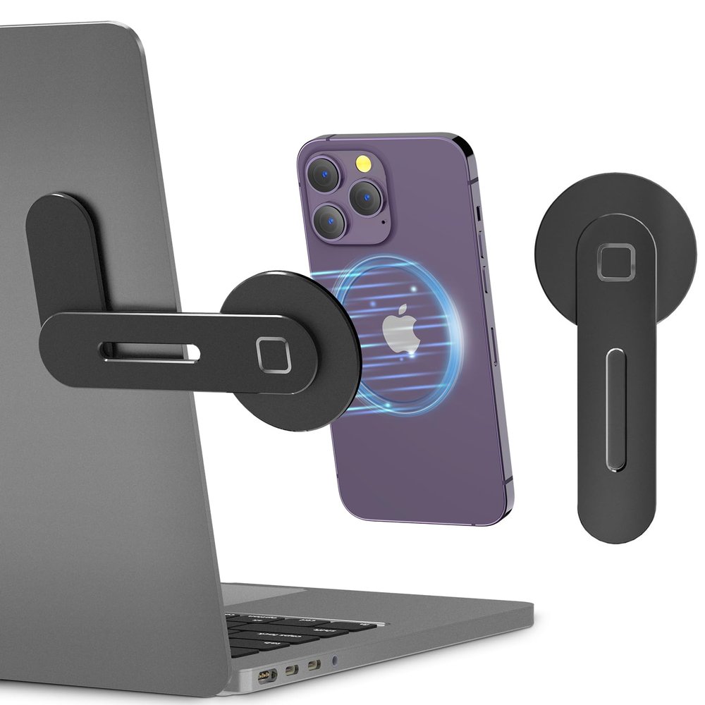 CloudValley Adjustable Laptop Stand, Magnetic Phone Holder, Aluminum Slim Computer Monitor Side Mount Clip for iPhone MagSafe Series & All Phones, Portable Foldable Computer Expansion Bracket, Black
