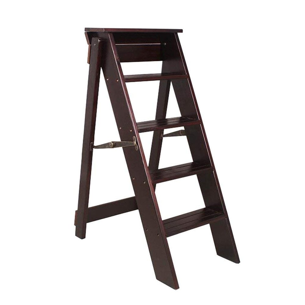 ZJYWMM Step Stool Wooden Adult Wooden Folding Step Stool Ladder 5 Steps (Color : Black Walnut Color)
