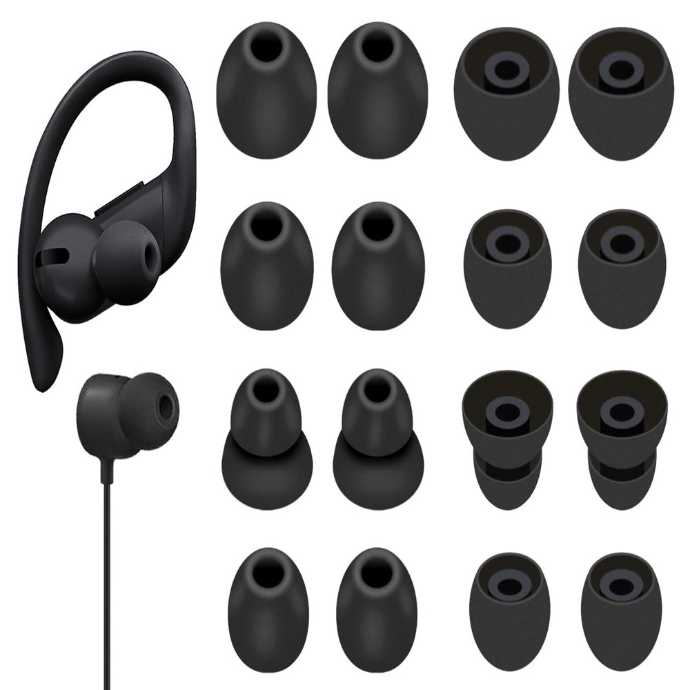 8 Pairs Powerbeats Pro Ear Tips Buds, 4 Size Replacement Soft Flexible Fit in Case Noise Reduce Silicone Rubber Gel Earbuds Eartips Wing Skin Accessories Compatible with Beats Flex/BeatsX - Black