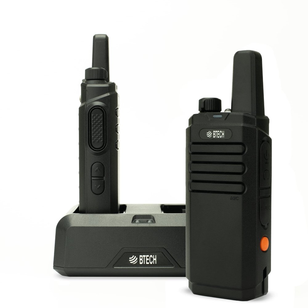 BTECH FRS-B1 2 Pack FRS Business, Adult Walkie Talkies, NOAA, High Output Two-Way Radio. Full Kit with Earpiece Kit, Holsters, Desktop Charger, Built in Flashlight, NOAA, and More