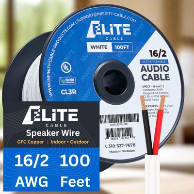 Elite 16/2 Speaker Wire 100ft, UL Listed, CMR/CL3R, (Riser/in-Wall & Outdoor/In-Ground (Direct Burial)- 100% Oxygen Free Pure Bare Copper (OFC), 16AWG/2-Conductor, 100ft Bulk Cable (65 Strands) White