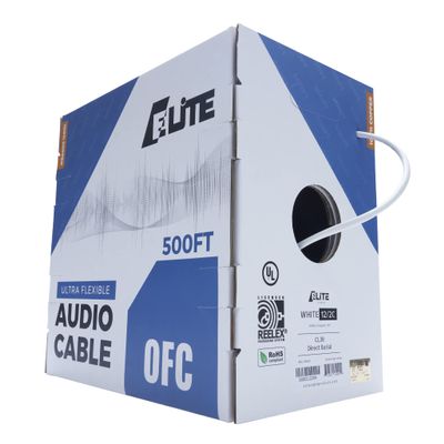 Elite 12/2 Speaker Wire, 12AWG/2-Conductor, UL Listed, CMR/CL3R, (Riser/in-Wall & Outdoor/In-Ground (Direct Burial)- 100% Oxygen Free Pure Bare Copper (OFC), 500ft Bulk Cable (65 Strands) White
