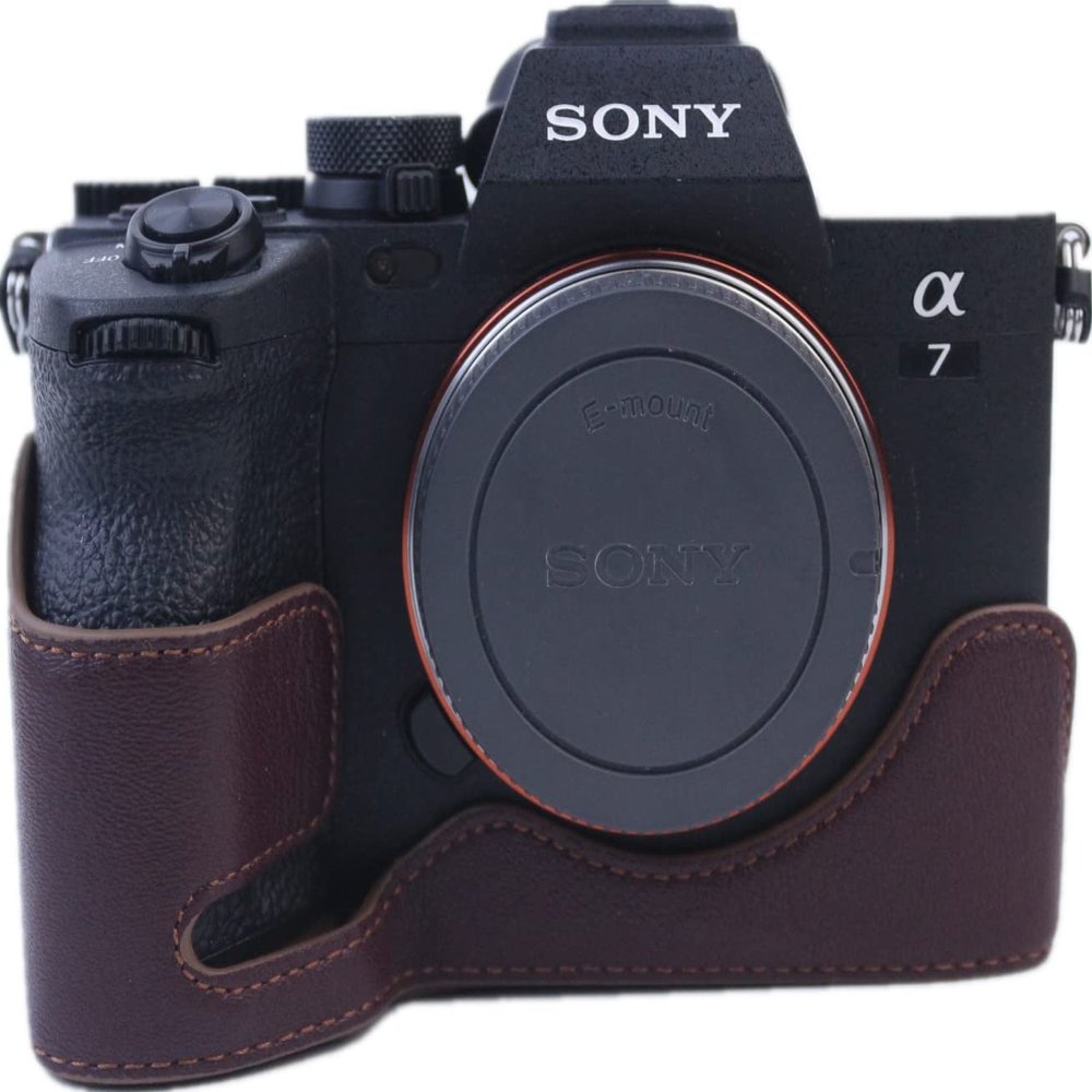 BolinUS A7M4 A7S3 A1 Case, Handmade Genuine Real Leather Half Camera Case Bag Cover for Sony Alpha 7IV /A7M4 /A7S III /A1 Bottom Opening Version + Hand Strap (Coffee)