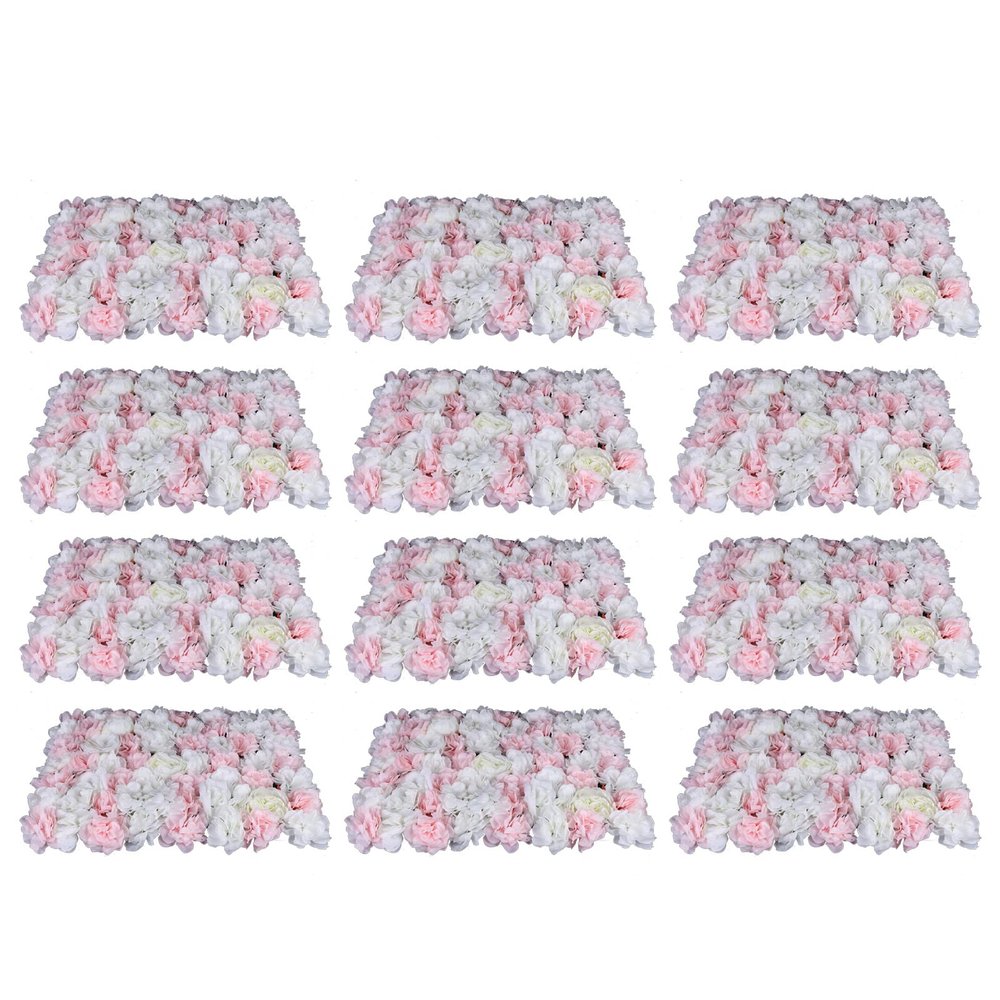 12 PCS Artificial Flower Wall Panels 24" x 16" Decorative Hydrangea and Rose Flower Backdrop Panels Wedding Party Event Decoration Photo Backdrop Decor (12 PCS, Pink + White)