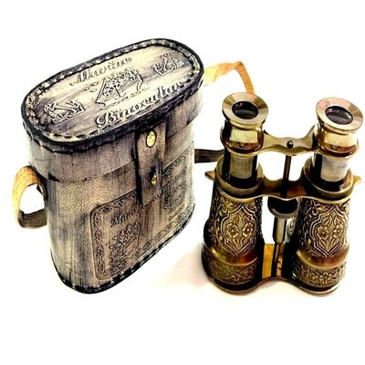 Vimal Nautical Brown Antique Nautical Brass Binocular Size 4" Inch Vintage Handheld Opera Glasses with Beautiful Leather Box Cover