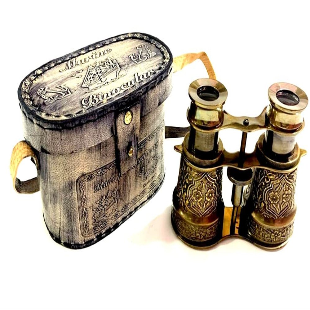 Vimal Nautical Brown Antique Nautical Brass Binocular Size 4" Inch Vintage Handheld Opera Glasses with Beautiful Leather Box Cover