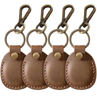 Q1T5 4 Pack Genuine Leather Holder for AirTag - Compatible with Apple AirTag 2nd & 1st Gen, Handmade Keychain Case with Metal Rings, Hidden Design - Retro Gift Set for Men & Women