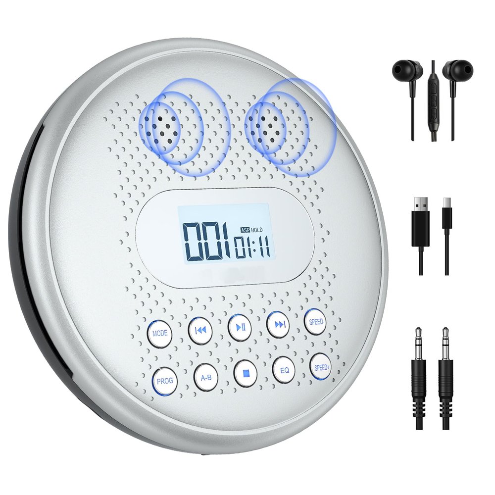 ARAFUNA CD Player Portable, Rechargeable Portable CD Players for Car with Speakers, Anti-Skip Small CD Player with Backlit Button, LCD Display and AUX Cable