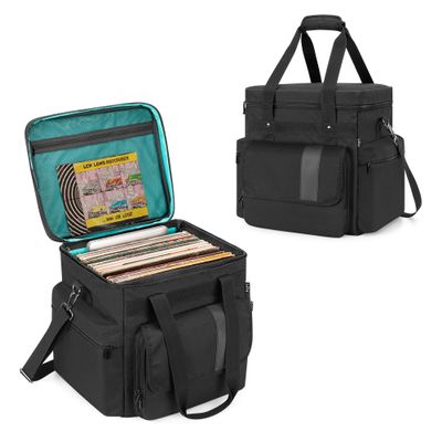 LoDrid Vinyl Record Storage Bag with 4 Boards Around and 2 Detachable Dividers, Holds Up to 60 LP Records, Travel Album Carrying Case with Separated Laptop Layer Up to 14, Bag Only, Black