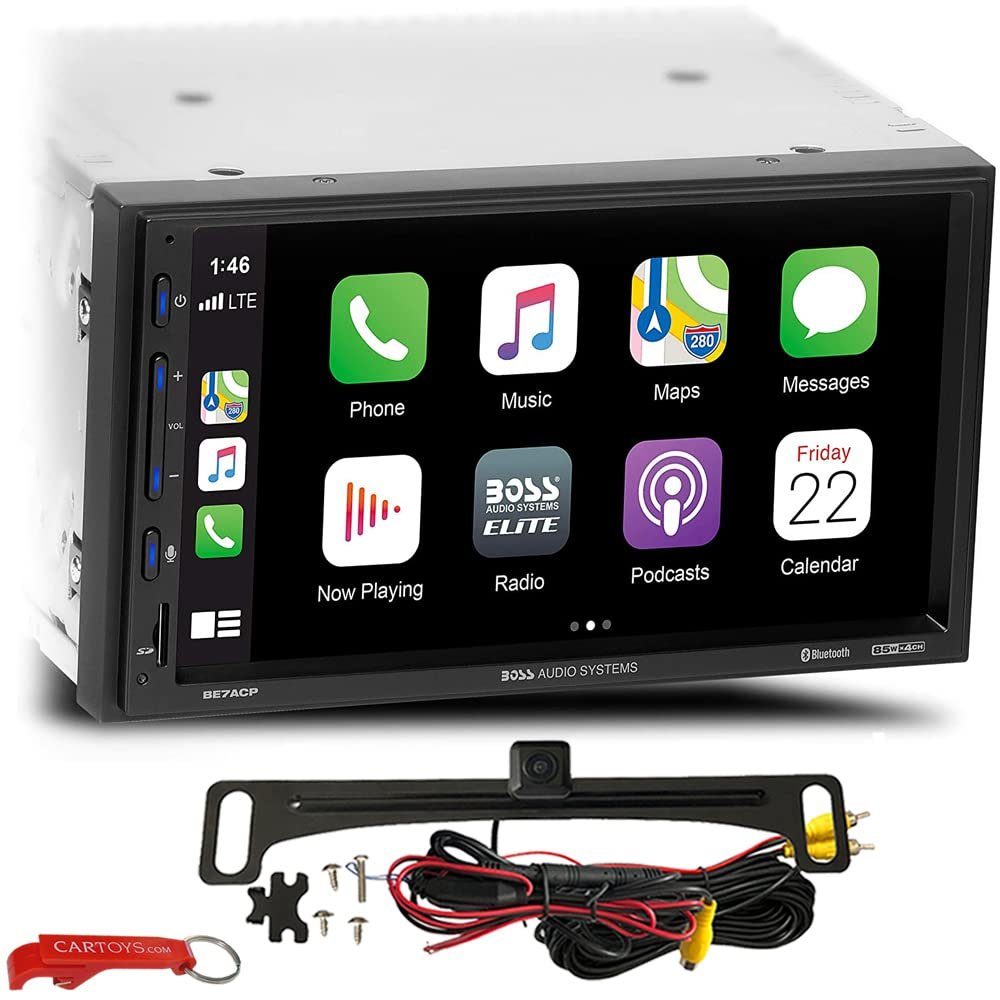 BOSS Audio Systems Elite BE7ACP Head Unit & ACAM4 Backup Camera Safe Driver's Bundle. 7" Apple CarPlay and Android Auto Multimedia 2-DIN Digital Car Stereo, No CD/DVD Player, USB, SD, AV in, AM/FM