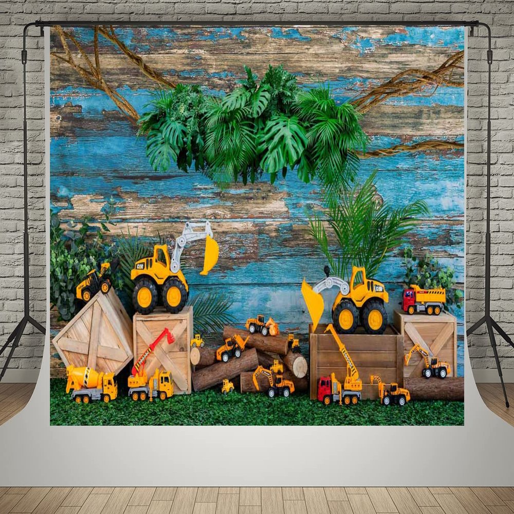 Kate 10x6.5ft Engineering Vehicle Toy Car Decoration Background Photo Studio Blue Weathered Wooden Spring Green Plants Photographic Backdrops Children Boy Birthday Party Props Backdrop