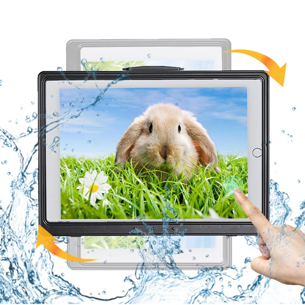 ABHILWY Shower Tablet Holder Waterproof Compatible with Ipad, Wall Mounted Bathroom Tablet Case Rotation, Adhesive Touchable Cradle with Glass Mirror Anti-Fog Screen for Kitchen 11 inches Black