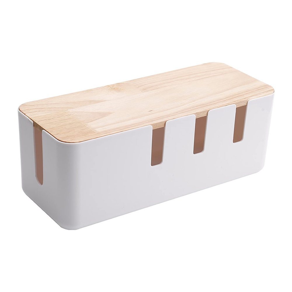 Cable Management Box Large Plastic Cord Organizer Box White Cable Management Box with Bamboo Cover Desk Cable Management Solution to Hide & Conceal Power Strips for TV Computer Hide Power Strips Cords