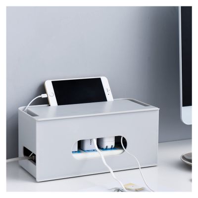 Cable Management Box Removable Cable Management Boxes Organizer Household Cable Power Plug Storage Box Cable Organizer Box with Phone Stand, White/grey for TV Computer Hide Power Strips Cords