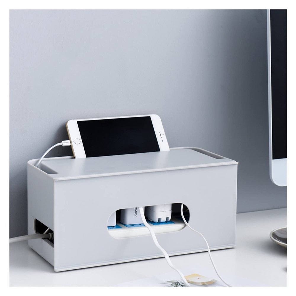 Cable Management Box Removable Cable Management Boxes Organizer Household Cable Power Plug Storage Box Cable Organizer Box with Phone Stand, White/grey for TV Computer Hide Power Strips Cords