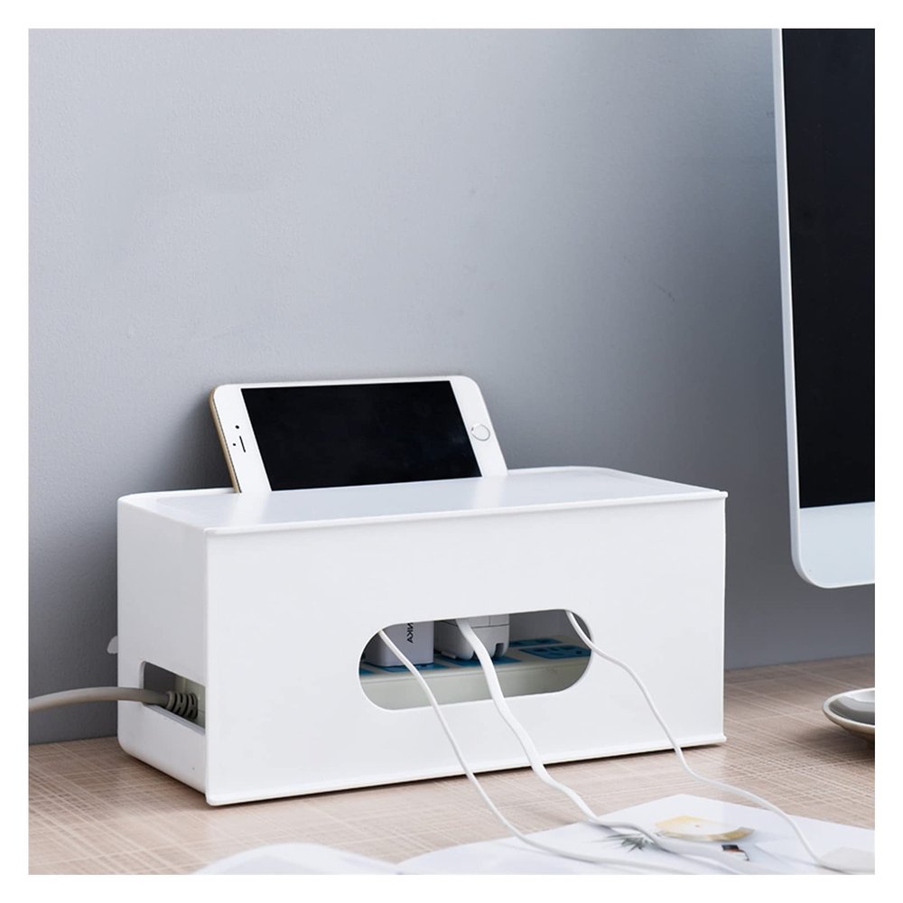 Cable Management Box Removable Cable Management Boxes Organizer Household Cable Power Plug Storage Box Cable Organizer Box with Phone Stand, White/grey for TV Computer Hide Power Strips Cords