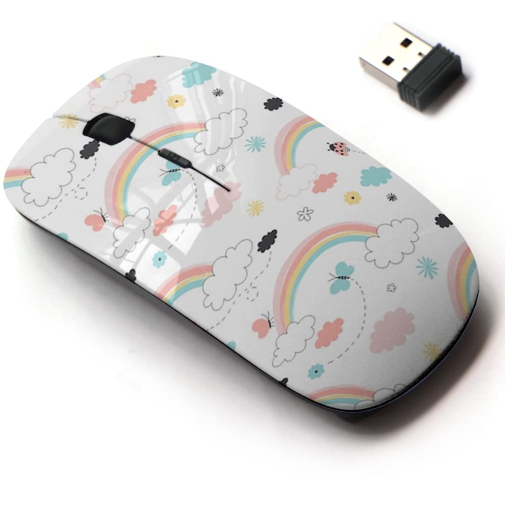 2.4G Wireless Mouse with Cute Pattern Design for All Laptops and Desktops with Nano Receiver - Rainbow Clouds Nursery
