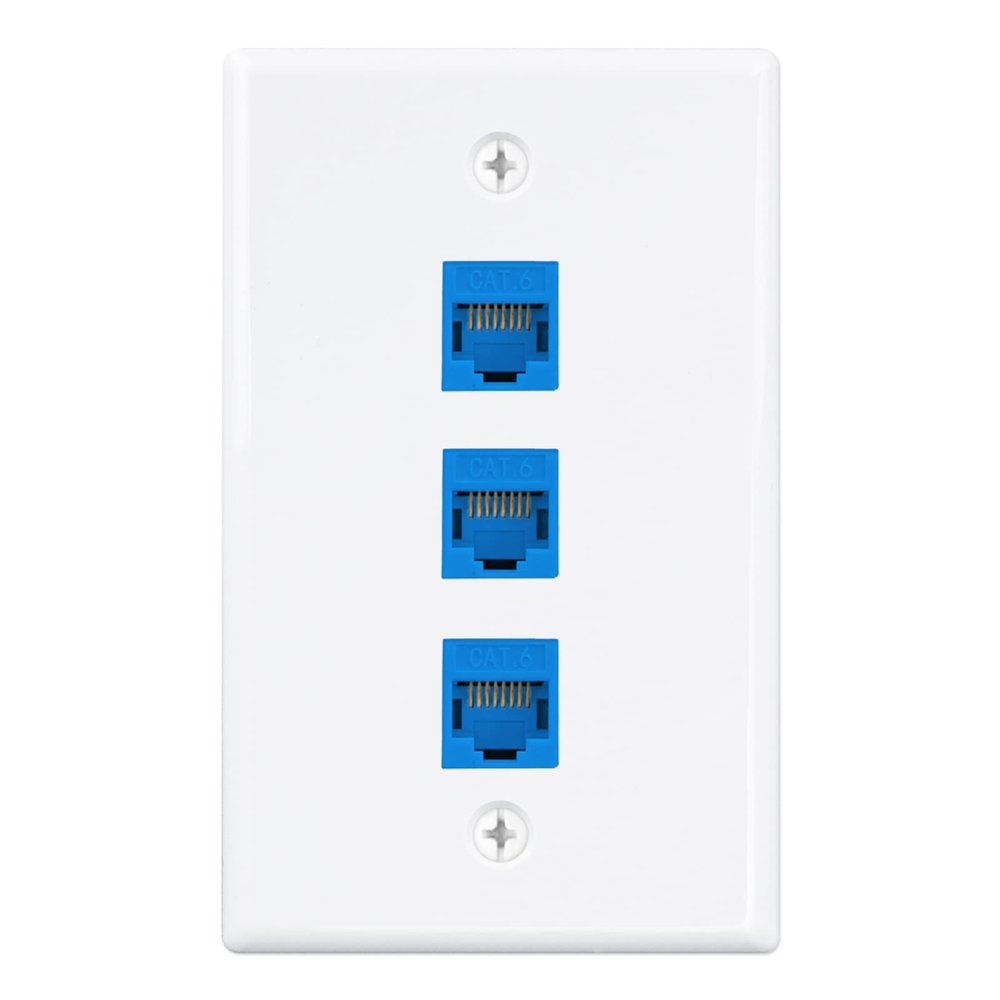 Iwillink (1-Pack) 3-Port Ethernet Wall Plate, Keystone Jack Wall Plate with RJ45 Keystone Inline Coupler insert, Female to Female Cat6 Keystone Jack Wall Plates, Blue