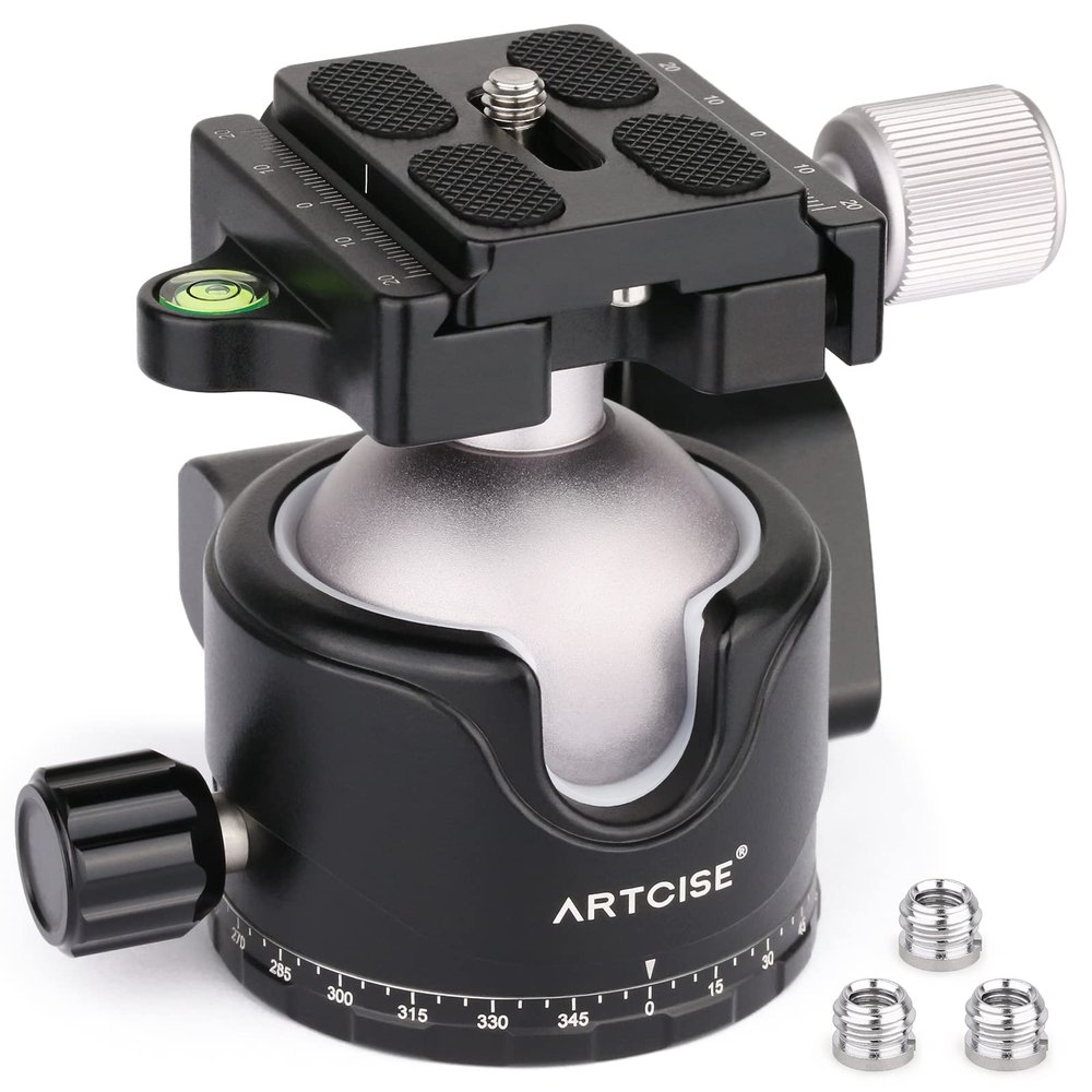 46mm Low Profile Tripod Head with 3 Screw Adapter 3/8 to 1/4 Professional Aluminium 360 Rotating Panoramic Ball Head Max Loading 20kg