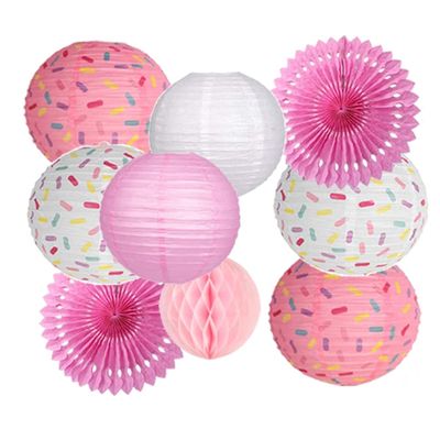 Donut Birthday Party Decorations, 9 Pieces Reusable Pink Round Donut Party Hanging Paper Lanterns, Supplies, Honeycomb Ball Paper Fan for Baby Shower Kids Birthday Home Decor
