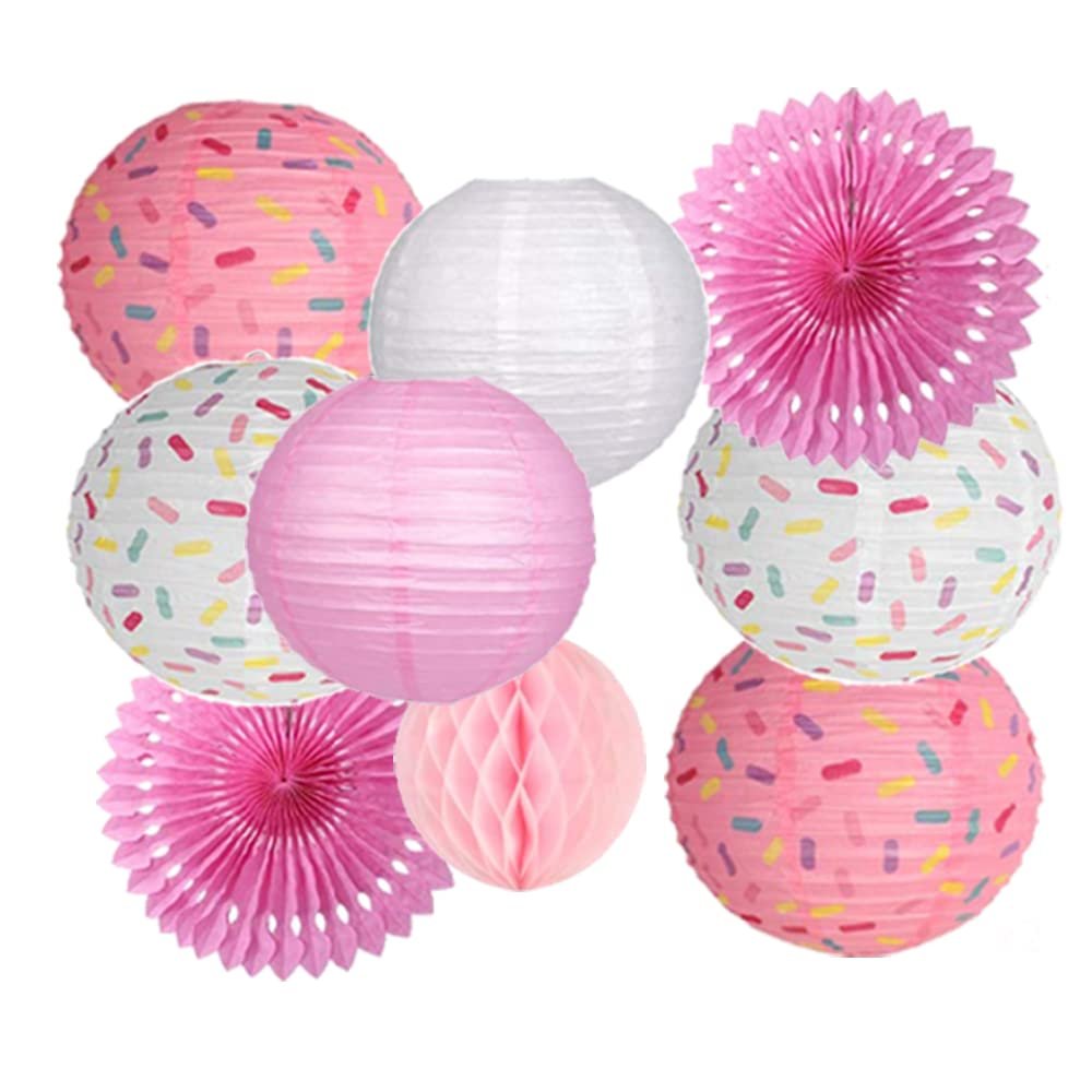 Donut Birthday Party Decorations, 9 Pieces Reusable Pink Round Donut Party Hanging Paper Lanterns, Supplies, Honeycomb Ball Paper Fan for Baby Shower Kids Birthday Home Decor