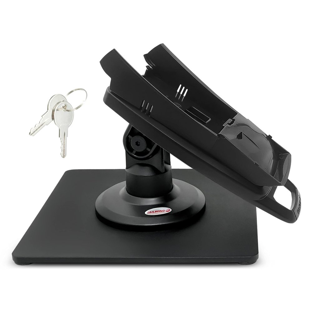 ENS Tailwind Ingenico ICT 220/ICT 250 3" Latch and Key Lock Compact Pole Mount Terminal Stand with Square Freestanding Mobility Base Plate, Black
