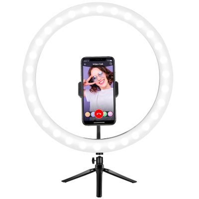 12'' LED Ring Light with Pan/Tilt/Zoom Tripod Stand & Phone Holder, Selfie Desktop LED Circle Light with 3 Color Dimmable 10 Brightness Level Lighting for Live Stream, Makeup, Photography