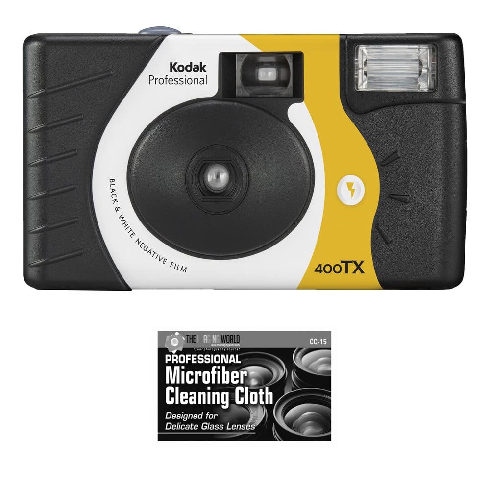 Bundle of Kodak Tri-X 400 Single-Use Flash Camera (27 Exposures Black and White) with Microfiber Cloth