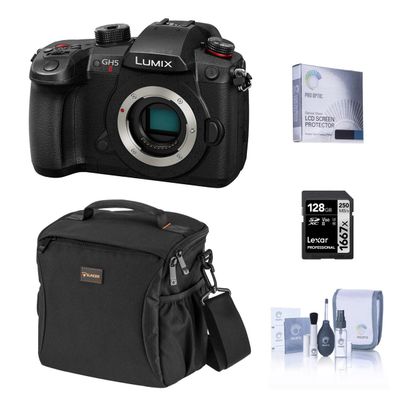 Panasonic LUMIX GH5II Mirrorless Camera Bundle with 128GB SD Card, Shoulder Bag, Screen Protector, Cleaning Kit