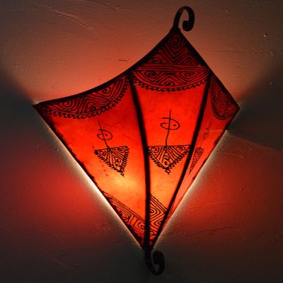 Treasures Of Morocco Henna Lamps & Sconces Moroccan Handmade Goat Leather Wall Sconce with Henna Tattoo Shade Red