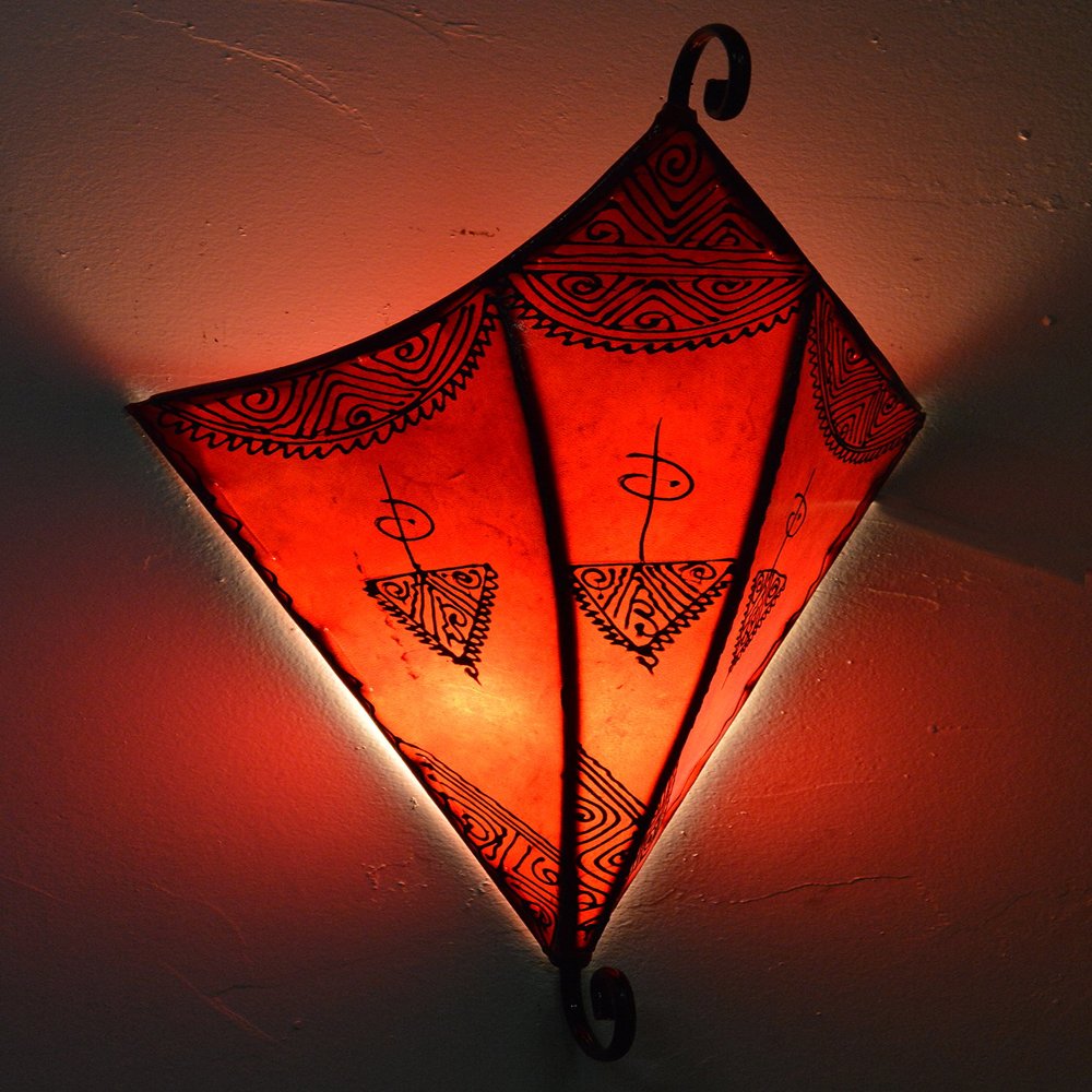 Treasures Of Morocco Henna Lamps & Sconces Moroccan Handmade Goat Leather Wall Sconce with Henna Tattoo Shade Red