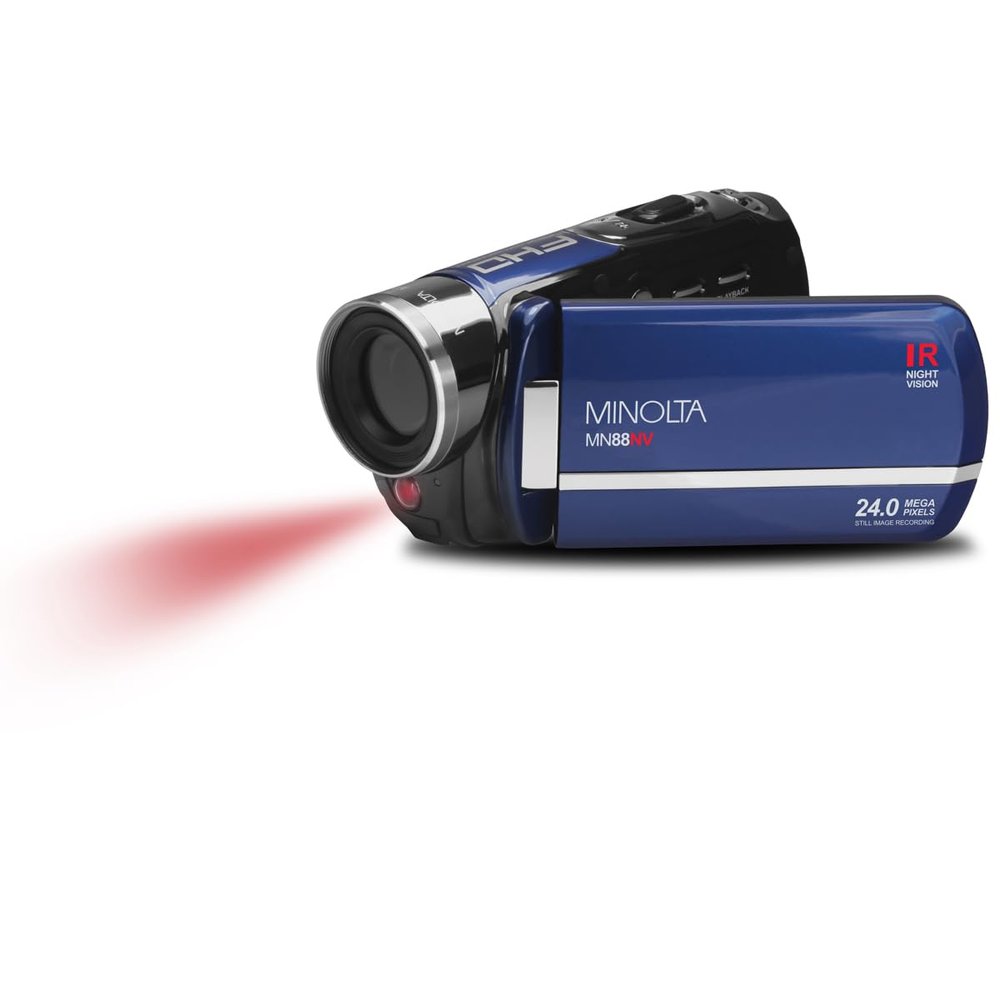 Minolta Camcorder - 1080p Full HD Video, 24MP Photos, Night Vision with IR Sensor, 16X Zoom, Anti-Shake Stabilization, 3 Touchscreen LCD, HDMI/USB, 32GB Card Included (Blue)