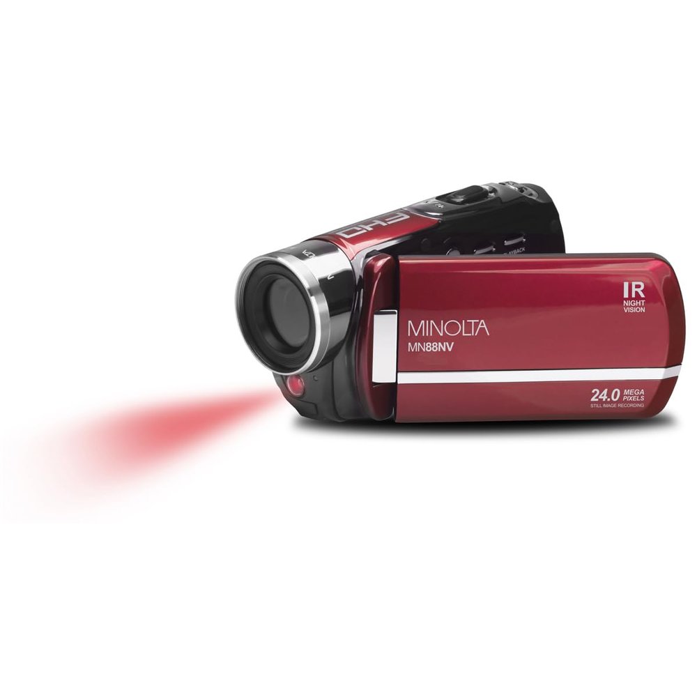 Minolta Camcorder - 1080p Full HD Video, 24MP Photos, Night Vision with IR Sensor, 16X Zoom, Anti-Shake Stabilization, 3 Touchscreen LCD, HDMI/USB, 32GB Card Included (Red)