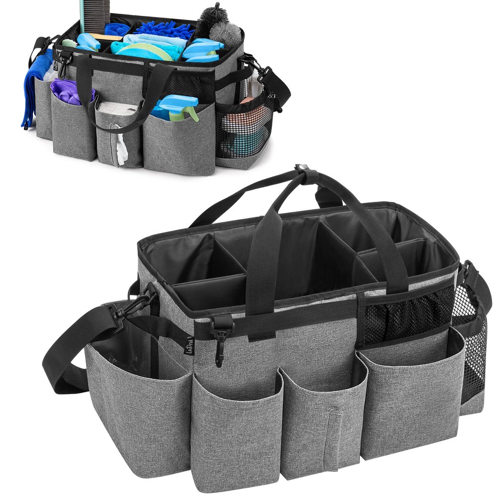 LoDrid Wearable Cleaning Caddy Bag with 4 Foldable Dividers, Grey