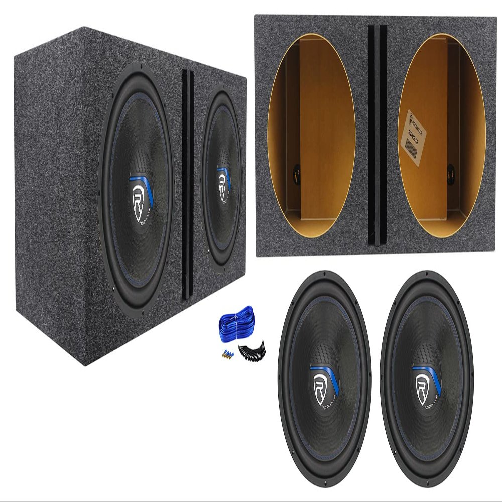 Rockville W15K5S4 Bundle: (2) 15 in 2000-Watt Peak/500-Watt RMS 4 Ohm Car Subwoofers, RDVB15 Dual 15 in Vented MDF Sub Enclosure Box, Speaker Wire and Hardware, 4-Items