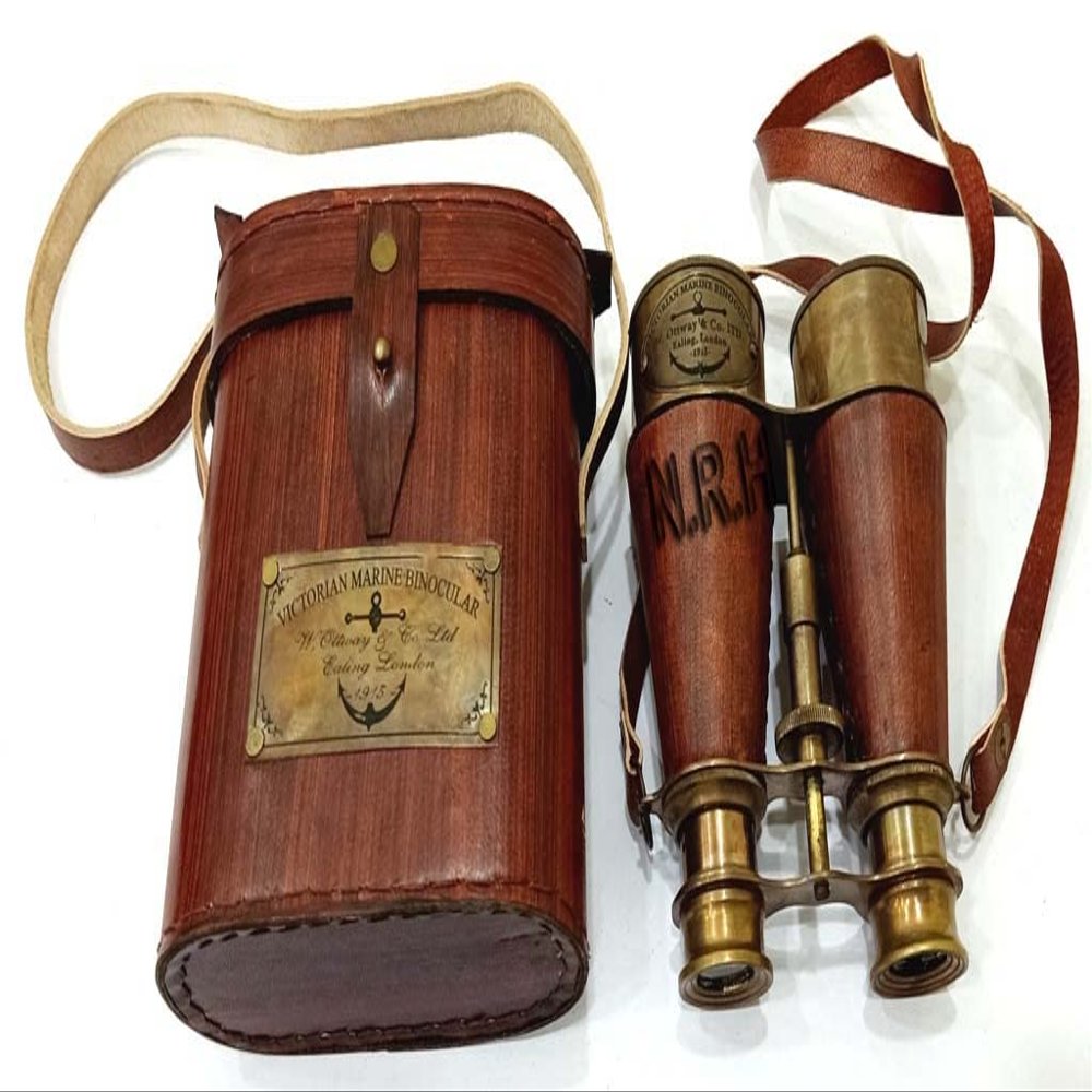 Captains Antique Brass Binoculars, Brown Leather Nautical Binocular for Kids & Adults Vintage & Marine Binoculars for Hiking, Camping, Hunting, Bird Watching W/Leather Case