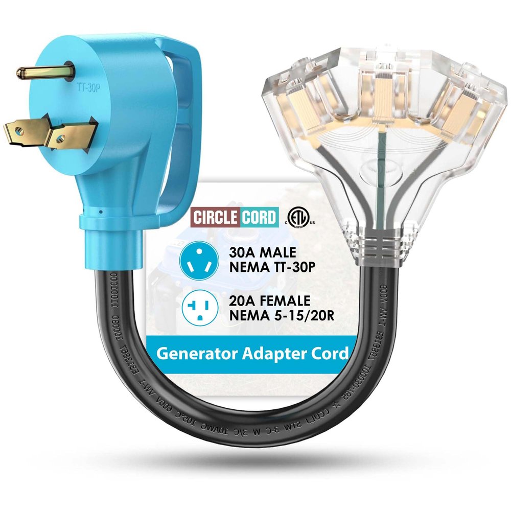 CircleCord 30 Amp to 110V RV/Generator Distribution Adapter Cord, NEMA TT-30P Male to 3X 5-15R/5-20R T-Blade Household Outlet Female with LED Power Indicator 3750W