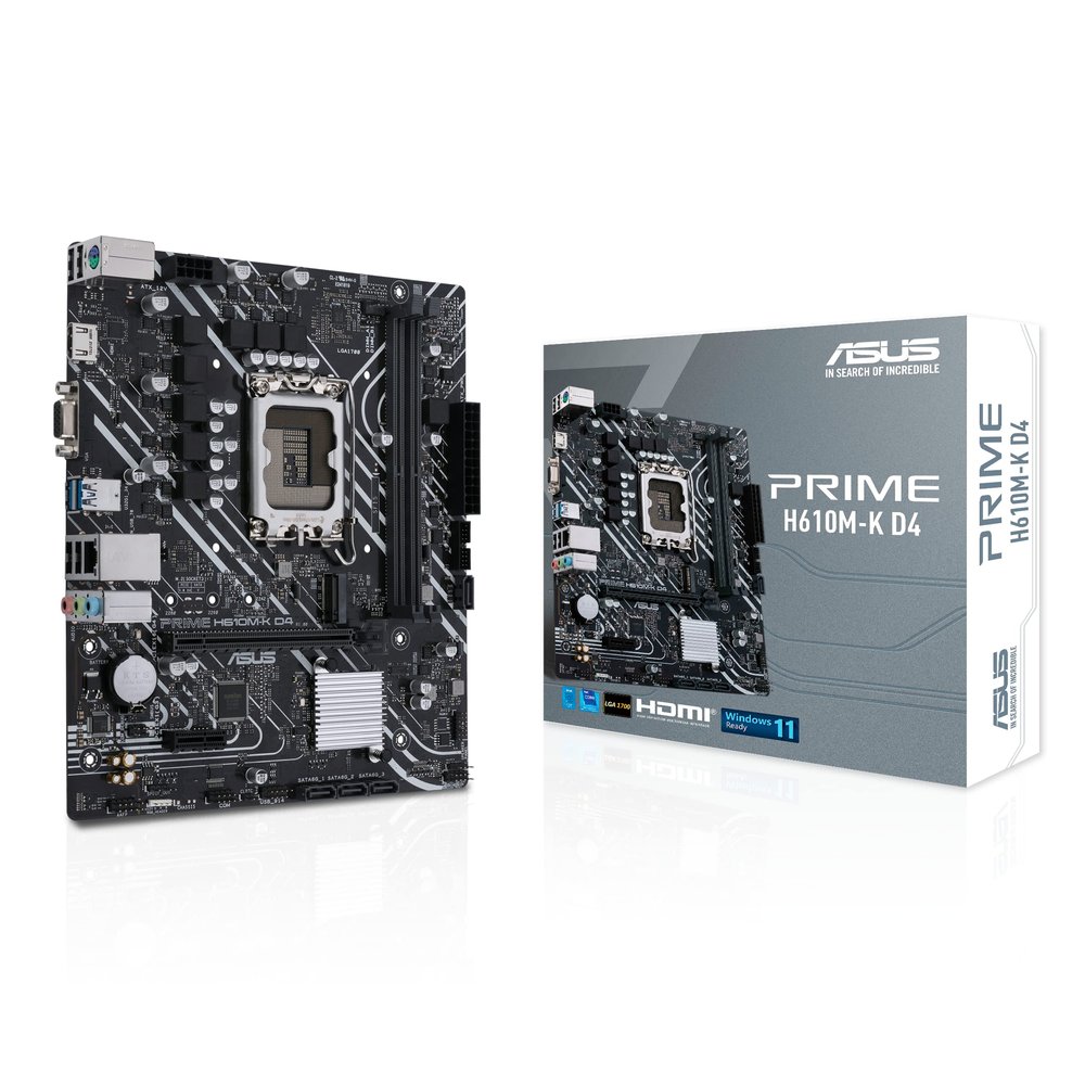 ASUS Prime H610M-K D4 Intel H610 (LGA 1700) mic-ATX Motherboard with DDR4, PCIe 4.0, M.2 Slot, Realtek 1 Gb Ethernet, HDMI, D-Sub,USB 3.2 Gen 1 Ports, SATA 6 Gbps, COM Header, RGB Header