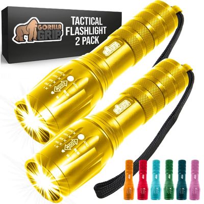 GORILLA GRIP Powerful LED Tactical Flashlight, 750 FT High Lumens 5 Adjustable Modes, Water Resistant, Ultra Bright Zoom Flashlights, Small Mini Flash Light, Camping, Night Dog Walking, 2 Pack Gold