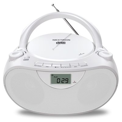 Nextron Portable CD Player Bluetooth Boombox with AM/FM Radio, USB, AUX-in, Headphone Jack, CD-R/RW & MP3-CD Compatible, Stereo Sound with Bass Boost, AC/Battery Operated White