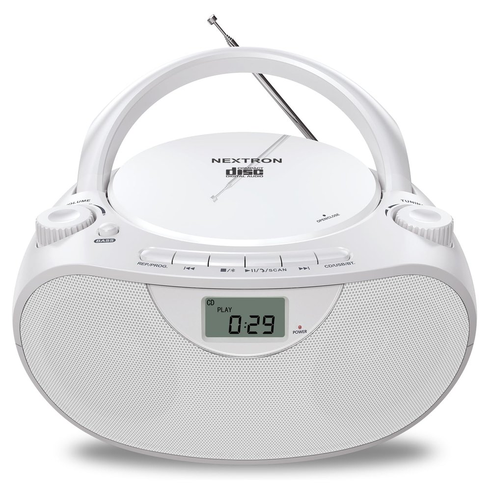 Nextron Portable CD Player Bluetooth Boombox with AM/FM Radio, USB, AUX-in, Headphone Jack, CD-R/RW & MP3-CD Compatible, Stereo Sound with Bass Boost, AC/Battery Operated  White