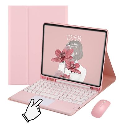 Samsung Galaxy Tab S7 FE/S8+ Keyboard Cover with Mouse, Touchpad, Detachable BT, Cute Round Keycap (Pink)