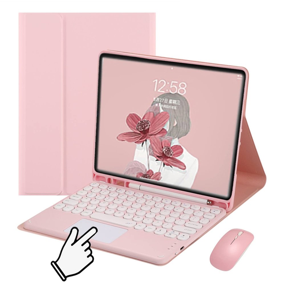 Samsung Galaxy Tab S7 FE/S8+ Keyboard Cover with Mouse, Touchpad, Detachable BT, Cute Round Keycap (Pink)