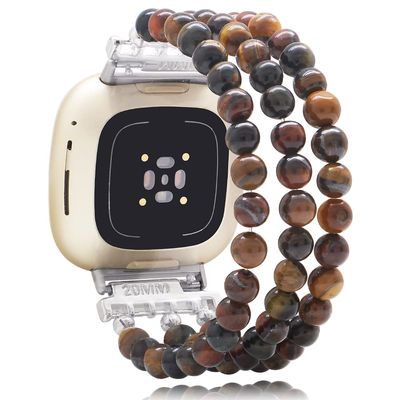 C&L Accessories Bracelet Compatible with Fitbit Versa 3/Fitbit Versa 4/Fitbit Sense 2/Fitbit Sense Bands for Women, Beaded Adjustable Gemstone Replacement Wristband Straps (Rainbow Tiger Eye)