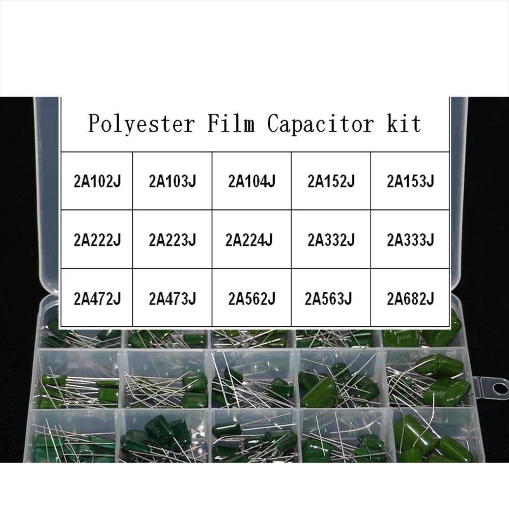 100V 15 Value 150pcs Polyester Film Capacitor Assorted kit Box assorstment Durable and Easy to Install