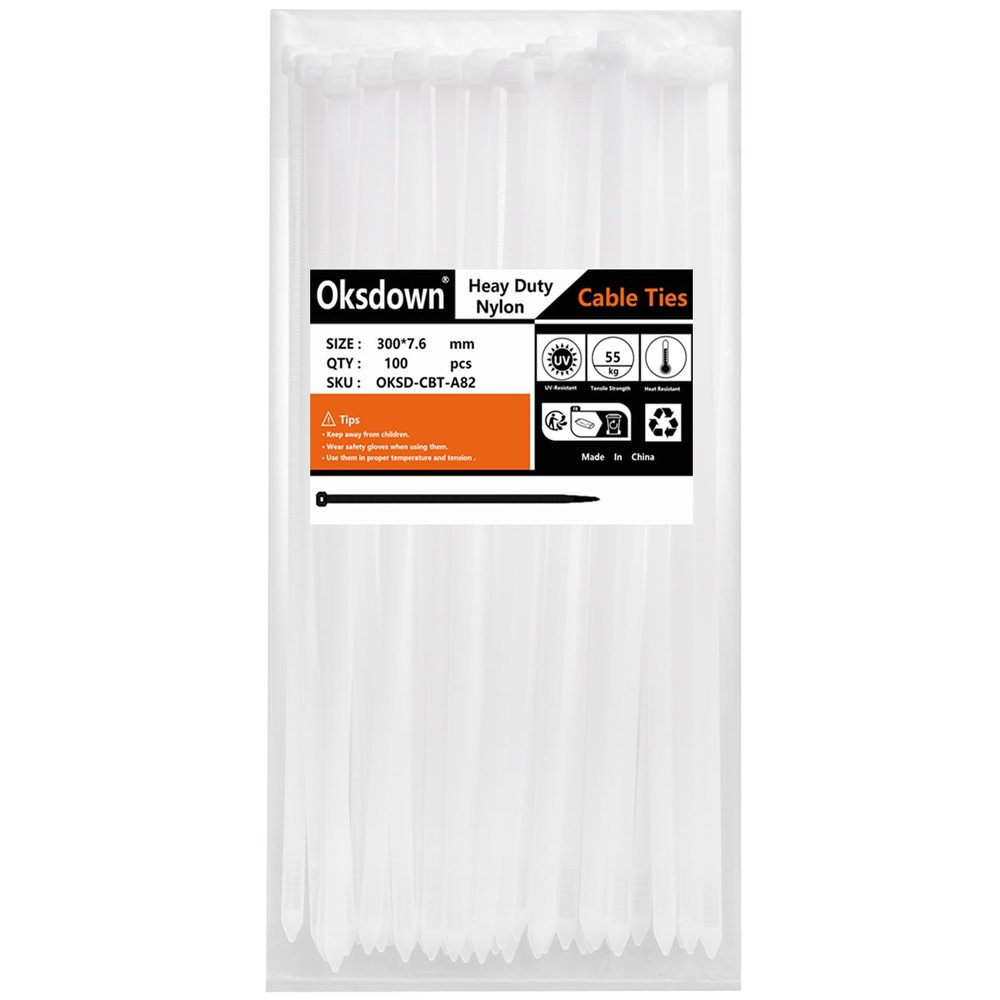 Oksdown 100 Pack 12 inch White Heavy Duty Zip Ties Thick Clear Cable Ties with 120 lbs Tensile Strength Large Plastic Wire Ties