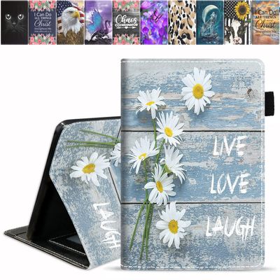 DEHJYYIJUY Case for Kindle Fire HD 10/Fire HD 10 Plus Tablet (11th Gen 2021 Release), Premium PU Leather Cover with Card Slot & Pencil Holder, Dreamy Daisy Vintage Wood Board Live Love Laugh