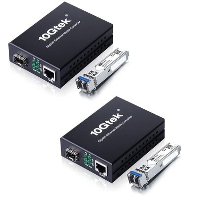 A Pair of Gigabit Single Mode LC Fiber Media Converter, with 2 Pcs SFP LX Modules, 1.25G/s Fiber to Ethernet Converter, 1000Base-LX to 10/100/1000base-TX, SFP to RJ45, SMF, 1310nm, up to 20km